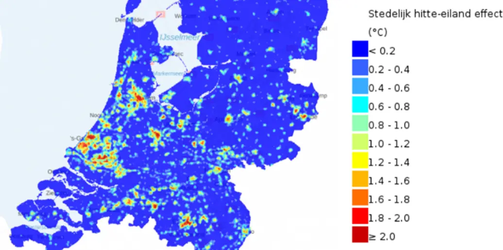 In de steden is het veel warmer dan op het platteland.